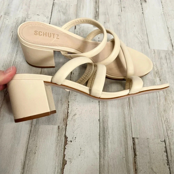 SCHUTZ Olly Mid Block Heel Sandal Nappa Leather 3 Strap In Eggshell Size 10 - Picture 5 of 11